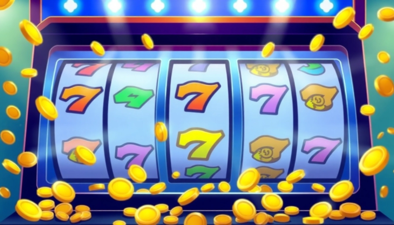 Win exciting free spins on colorful slot machines with captivating designs and cascading coins.