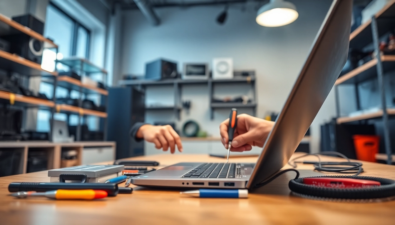 Riparazione pc torino: tecnico professionista al lavoro su laptop in un negozio di riparazioni.