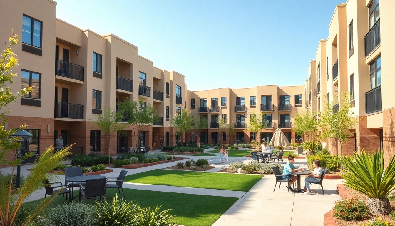 View of attractive apartments in Glendale AZ surrounded by landscaped gardens and outdoor spaces.