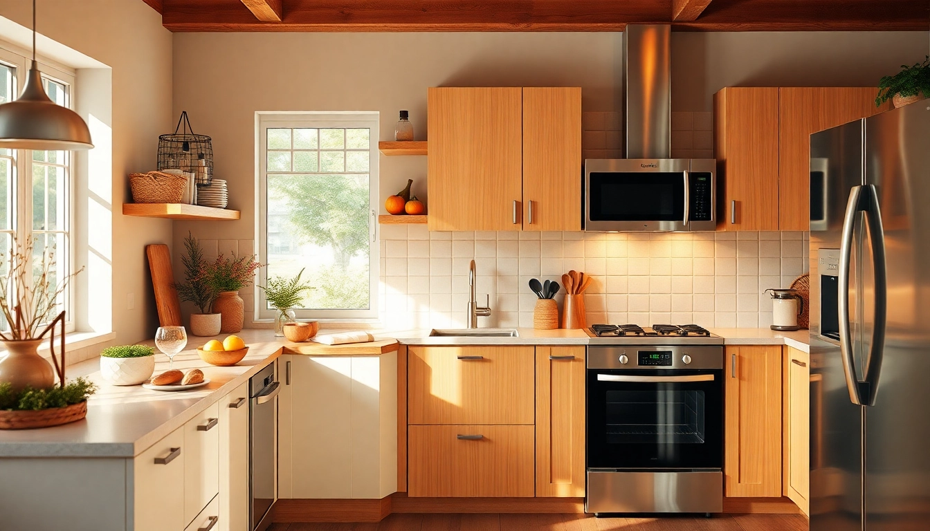 Showcase affordable kitchen appliances arranged stylishly in a modern kitchen setting, highlighting contemporary designs and functionality.