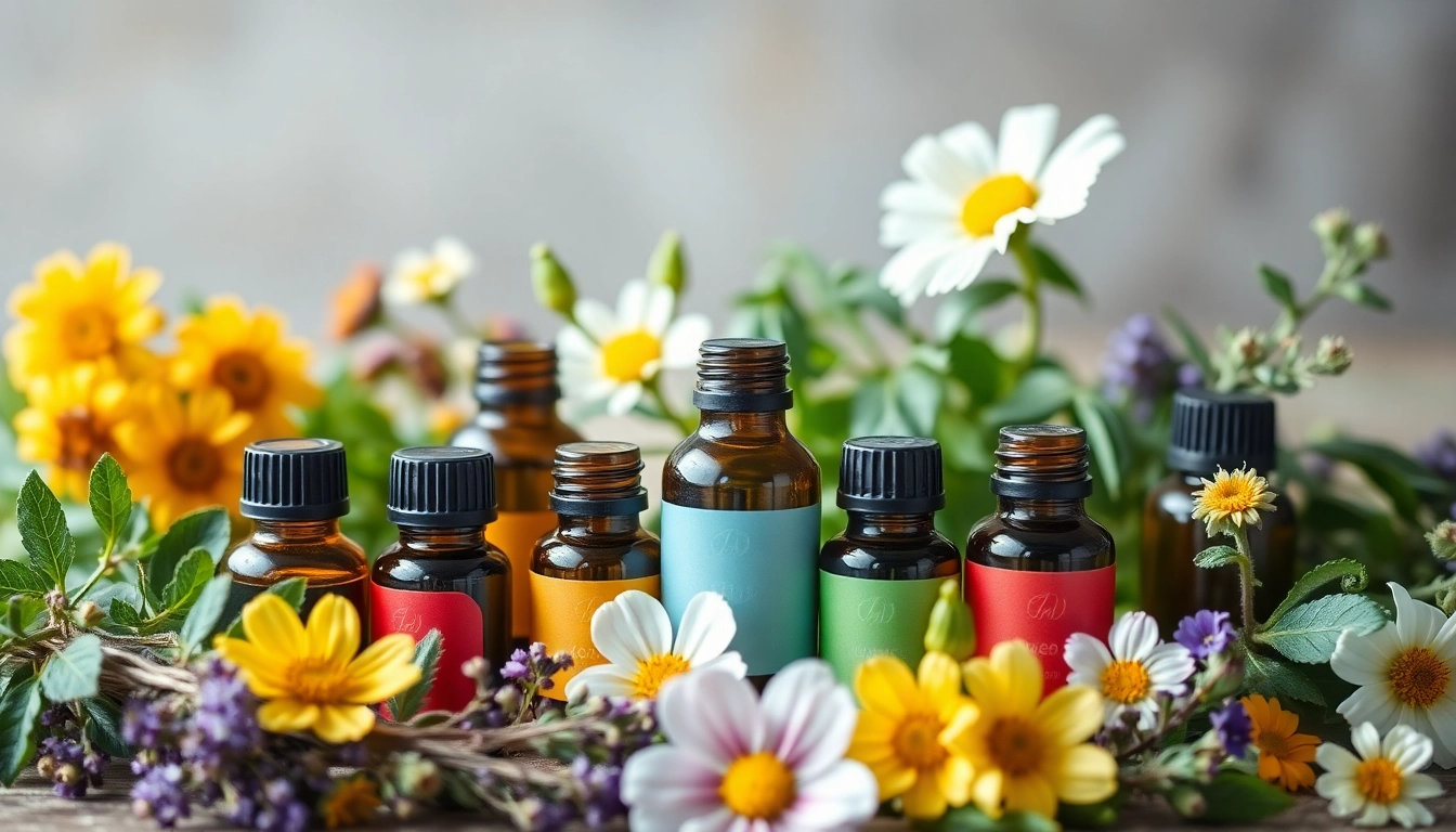 Relish the benefits of essential oil bottles alongside colorful herbs and flowers.