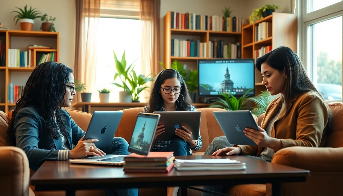 Students exploring online university degrees from UK in a cozy home office.