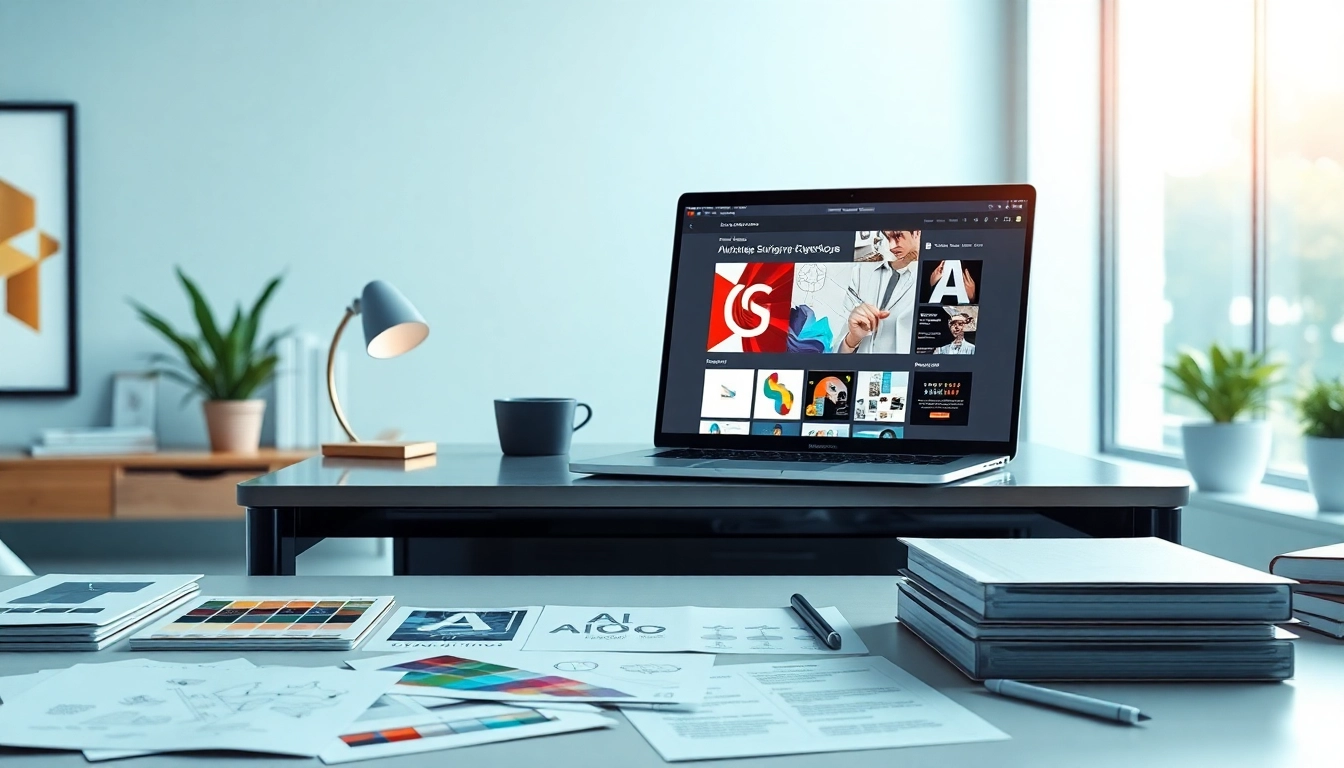 Showcase AI-powered branding services in a modern workspace with creative design tools on a desk.