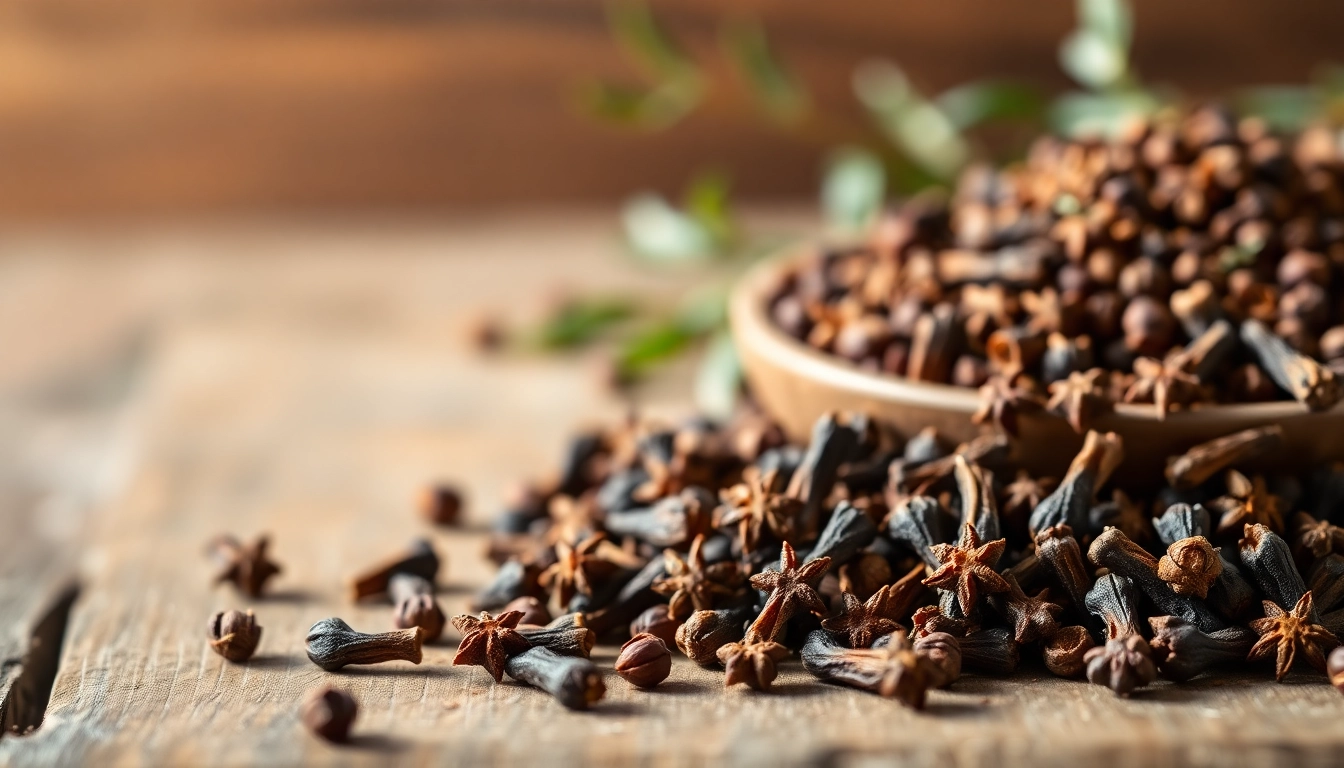 Whole cloves displayed prominently on a rustic surface, highlighting their unique texture and aroma.