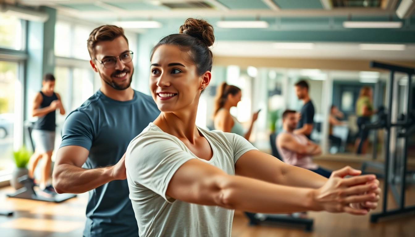 Engaging fitness coach near me assisting a client in a bright gym setting.