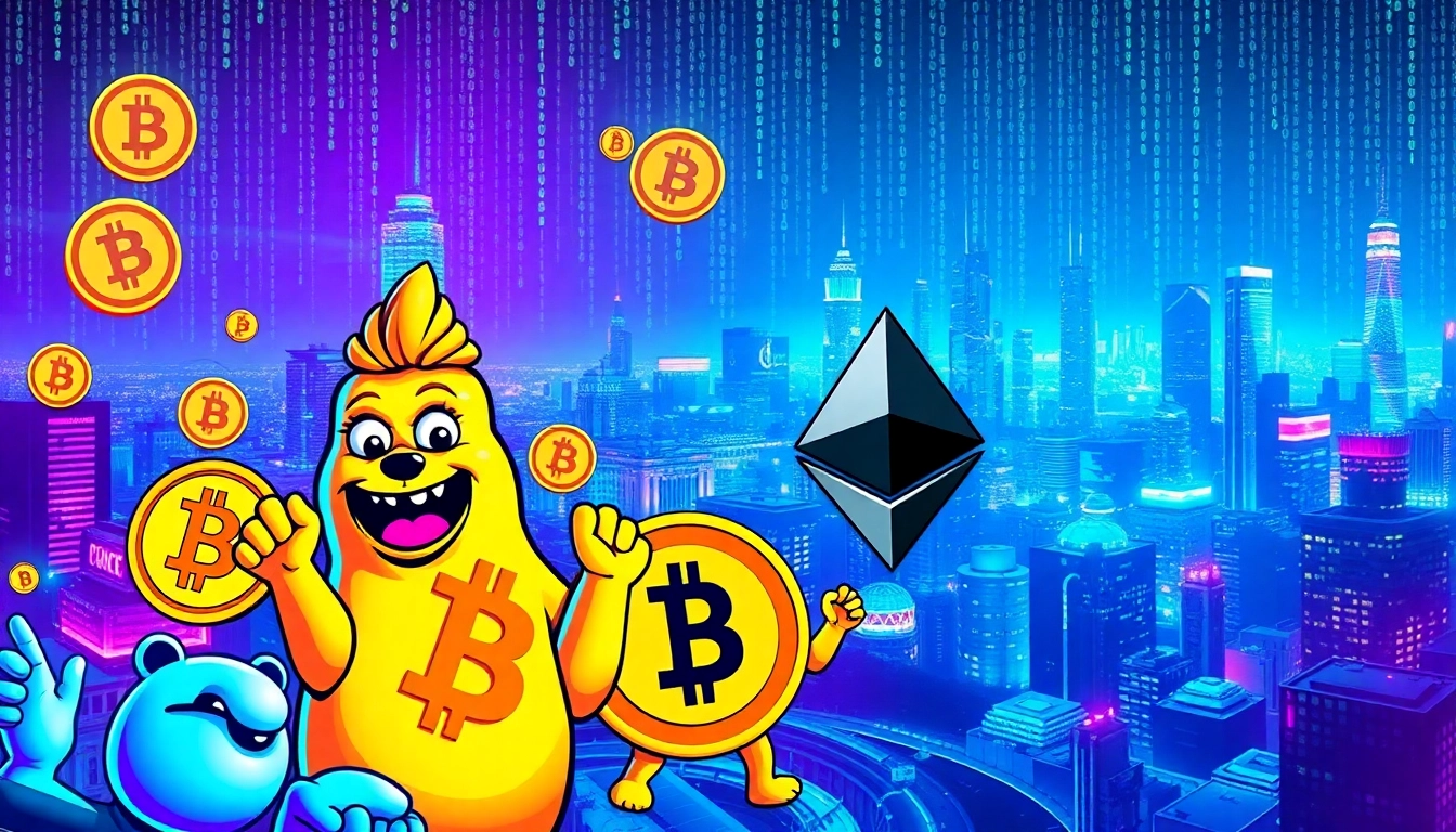 Engaging illustration of meme culture crypto featuring iconic characters and cryptocurrency symbols.