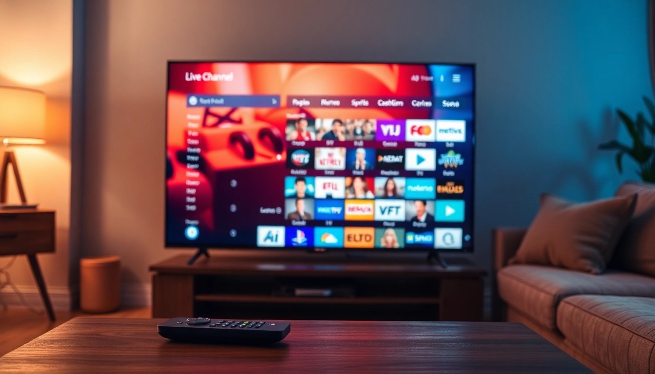 Showcase of an IPTV demo account interface on a modern TV in a cozy living room.