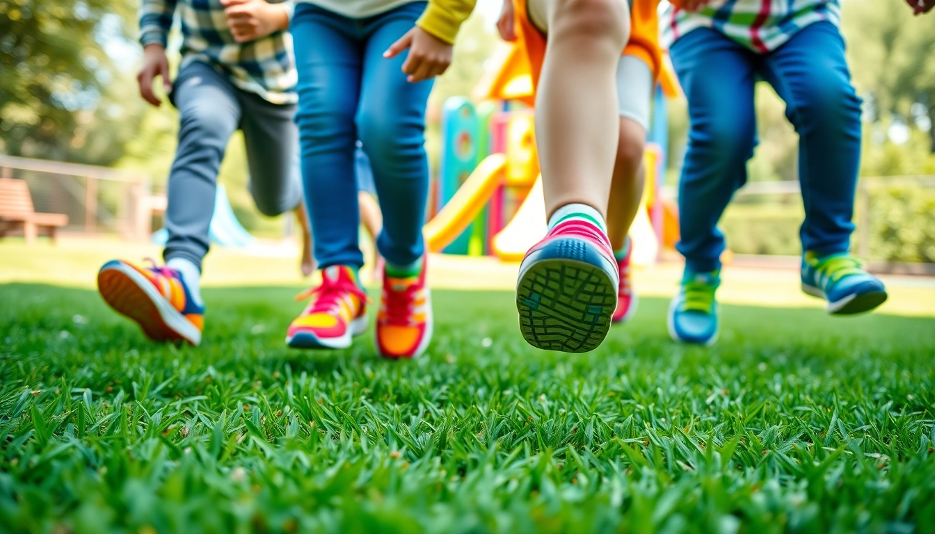Kinder spielen fröhlich in Barfußschuhe Kinder auf einem Spielplatz voller Farben.
