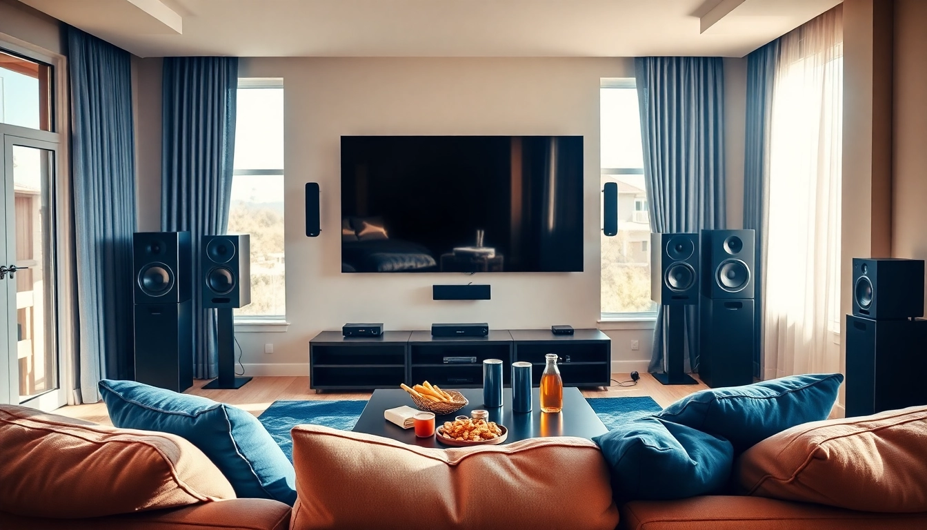 Experience home theater installation near me with a stylish setup in a modern living room.