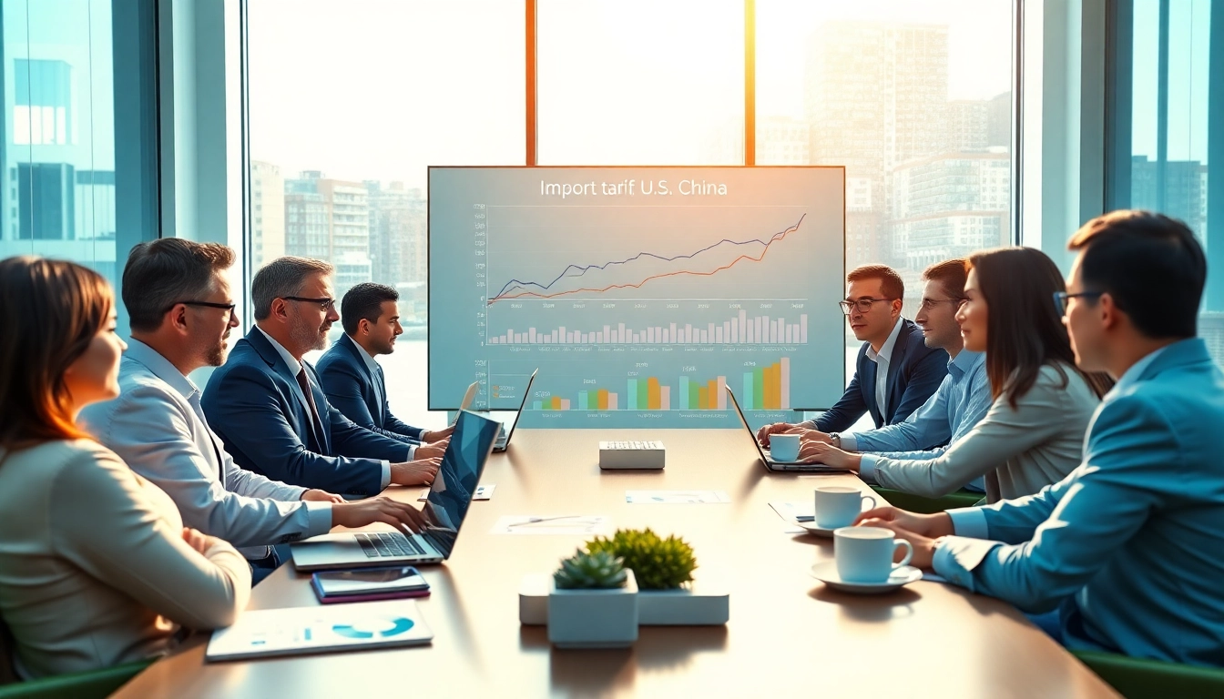 Analyze import tariffs China during a business meeting featuring economists and data infographics.