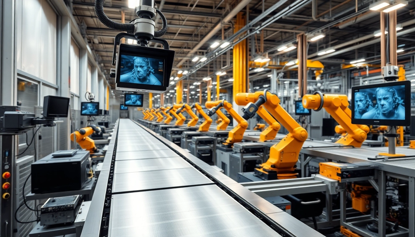 Machine vision system analyzing an industrial assembly line with high-resolution cameras.