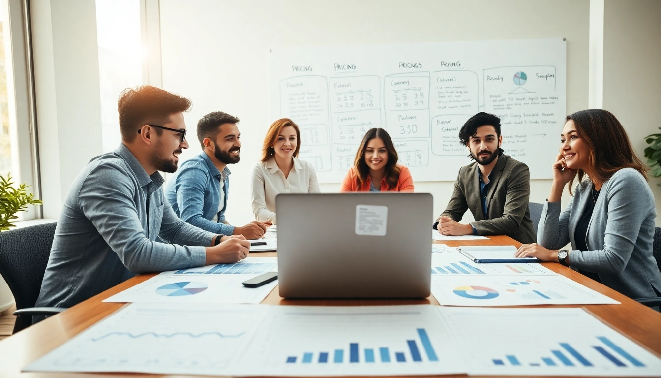 Visual representation of competitor pricing analysis conducted by a diverse team in an office.