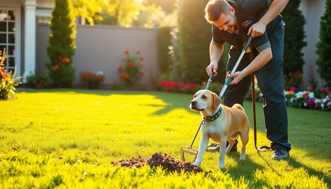 Dog clean up service technician removing waste in a sunny backyard, promoting cleanliness.