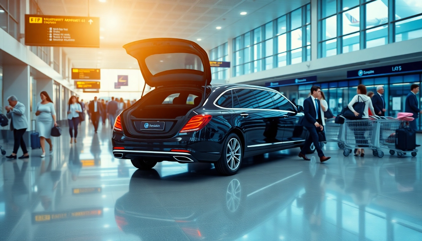 Engaging airport transfers service experience with a luxurious limousine in a vibrant airport setting.