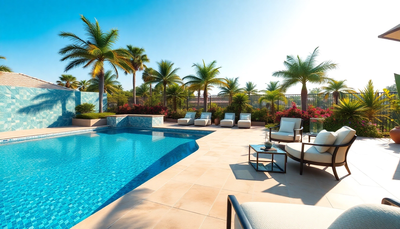 Stunning pool remodel showcasing a crystal-clear swimming pool with modern tiles and elegant outdoor furniture.