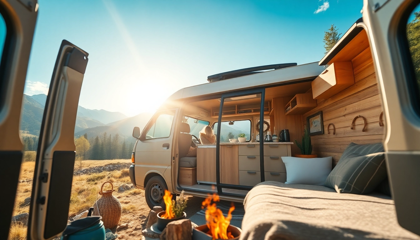 Showcasing the perfect Van interior in a scenic landscape, highlighting comfort and adventure.