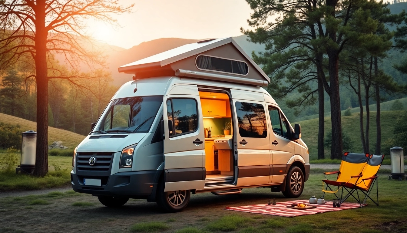 JRP Campers showcasing a cozy van setup amidst a tranquil natural setting.