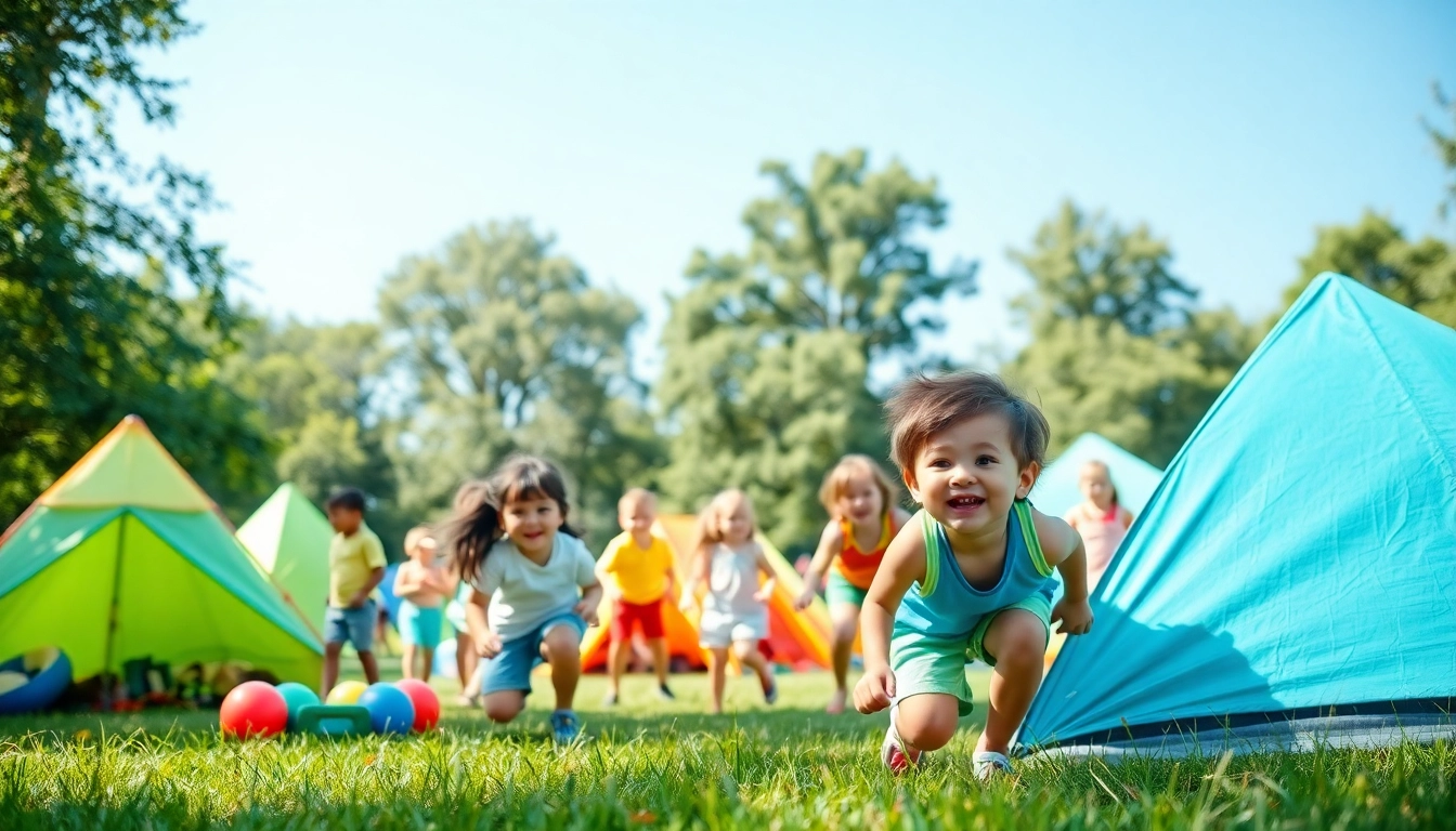 Children enjoying fun activities at holiday camps under a bright blue sky.