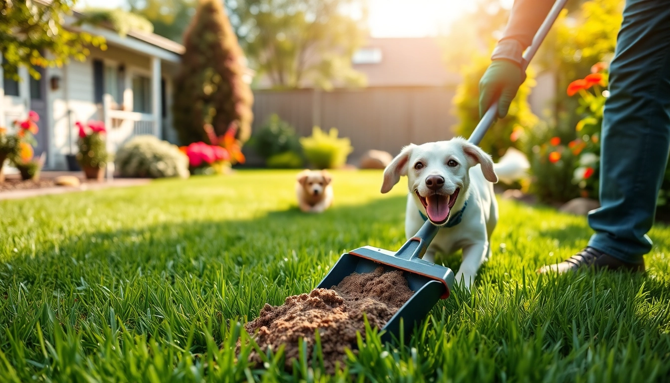 Efficient dog poop cleanup by a professional in a backyard, ensuring a clean and pleasant environment.