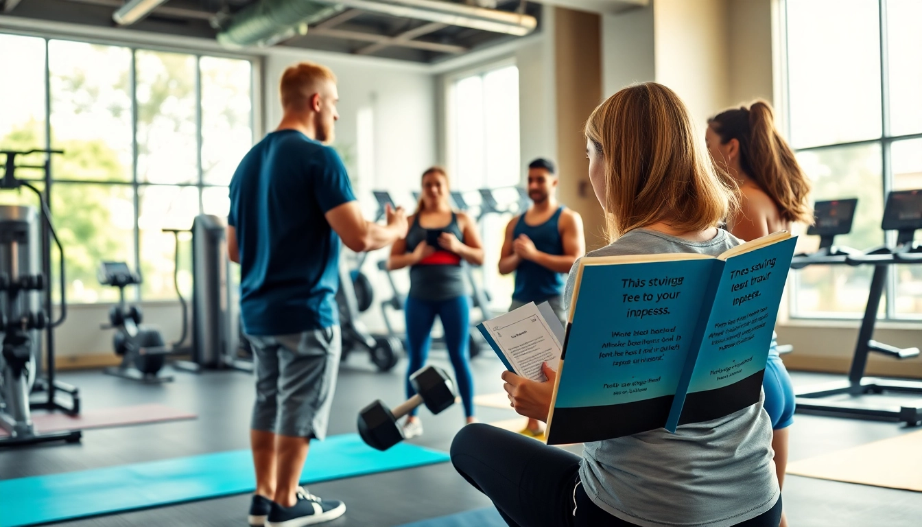 Engaging gym training consultation highlighting a trainer assisting clients with exercises effectively.