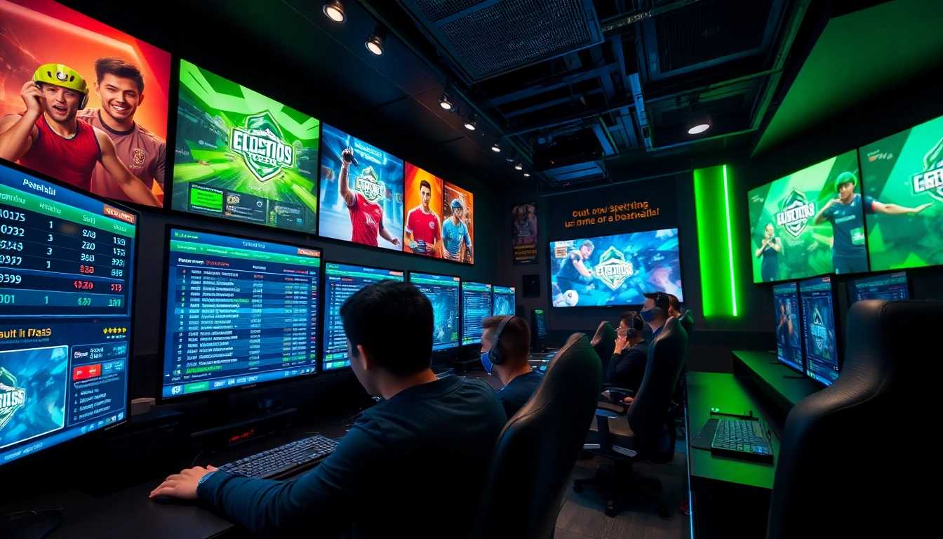 Engage in eSports betting Australia within a vibrant gaming room featuring multiple screens.