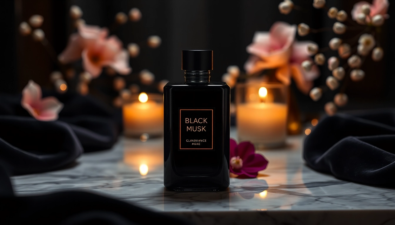 Le parfum Black musk présenté élégamment avec des détails d'éclairage doux sur une surface en marbre.