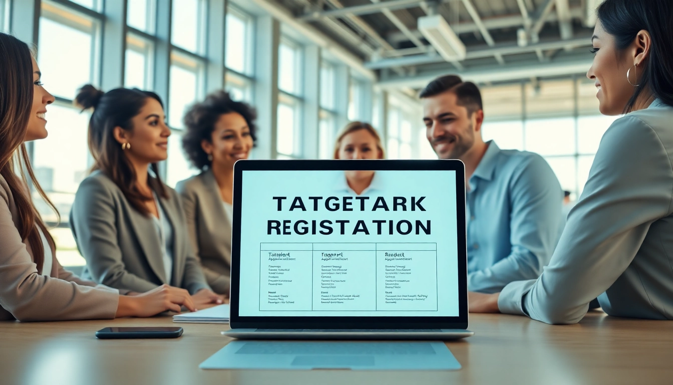 Engaged professionals discussing strategies on an online trademark registration platform.