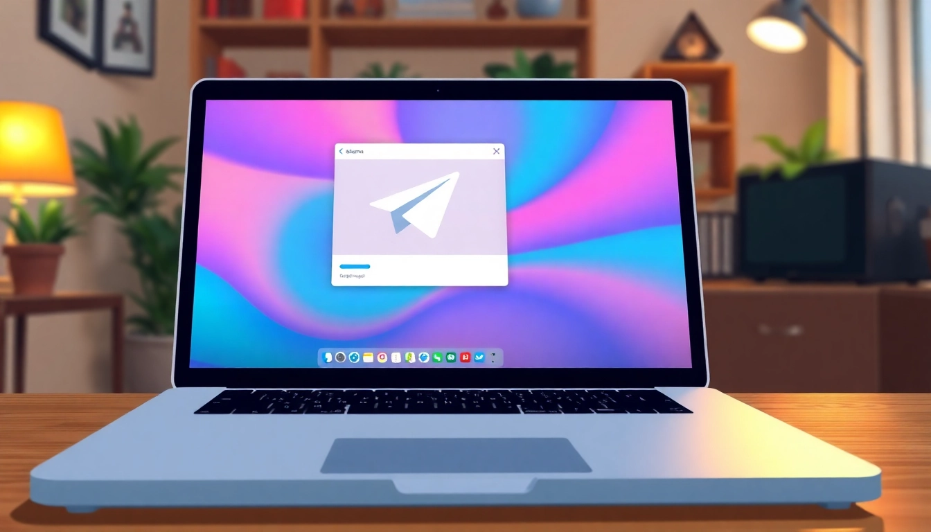 Showcase how to install and use telegram下载电脑版 on a sleek laptop setup.