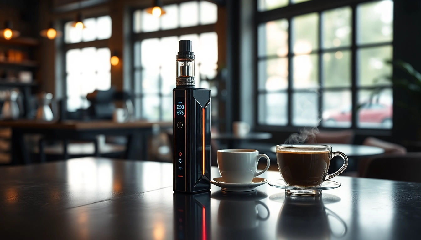 Enjoying the rich taste of a caffeine vape alongside a steaming cup of coffee.