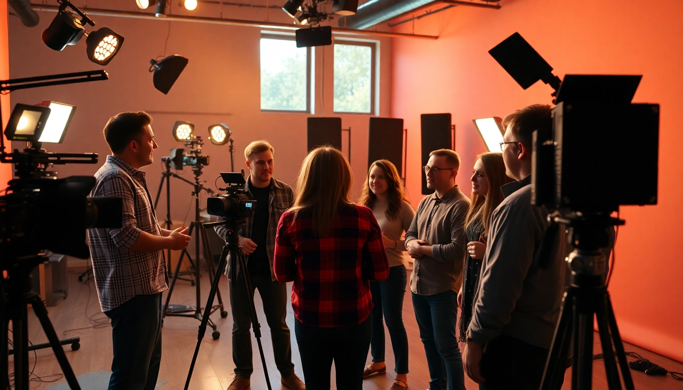 Creative video production team collaborating in a vibrant studio, highlighting expertise as 영상제작업체.