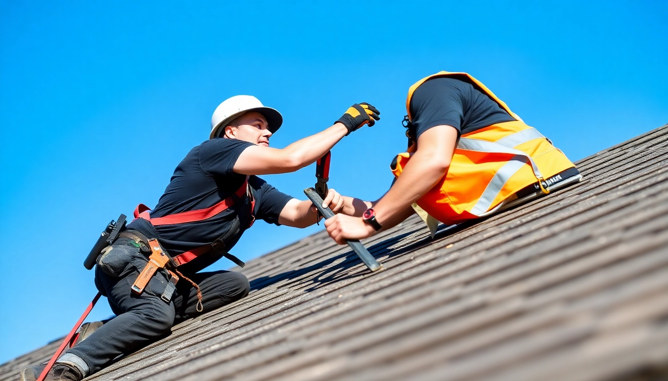 Providing emergency roofing services by repairing a rooftop in bright daylight.