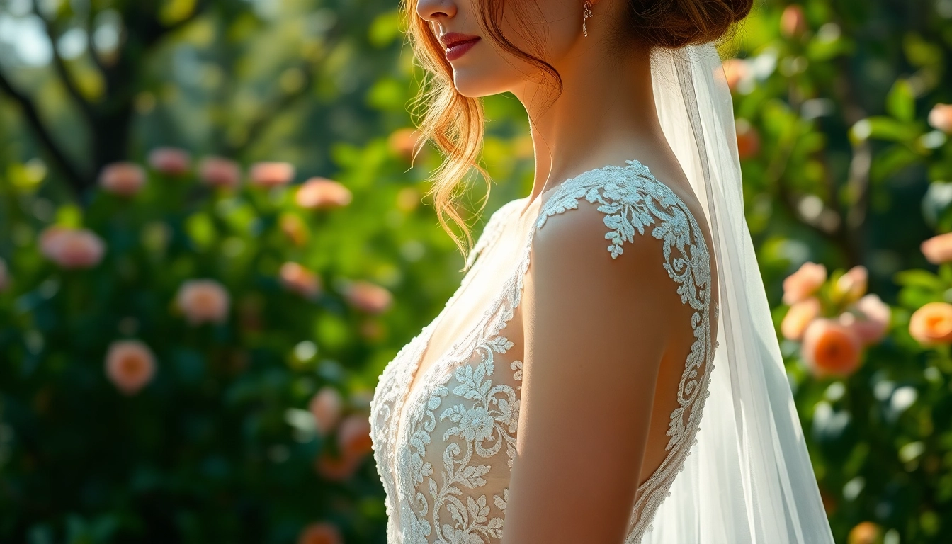 Captivating beaded wedding dresses on a bride in a fairy-tale garden setting.