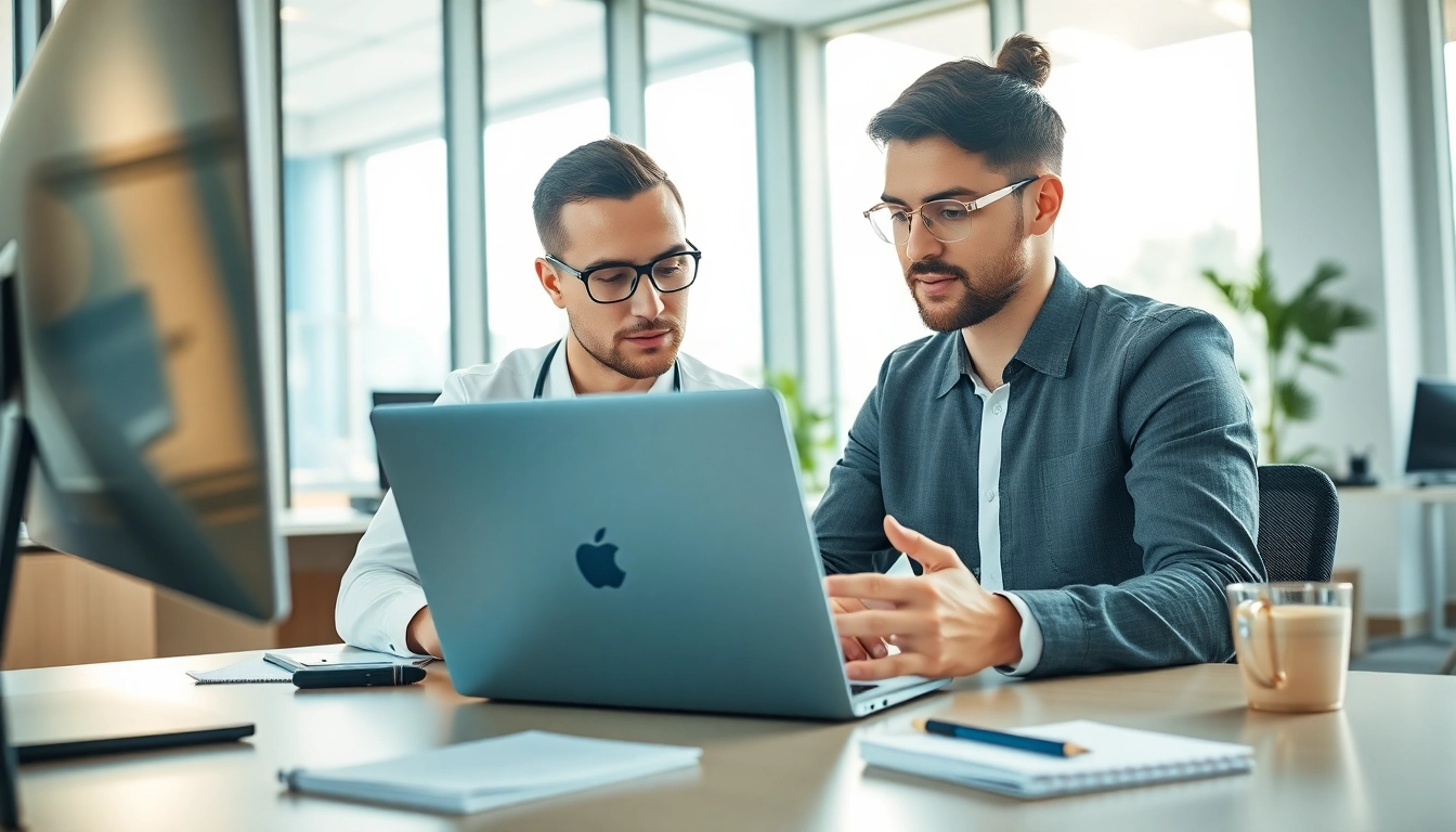 Providing computer help in a modern office with a technician assisting a client.