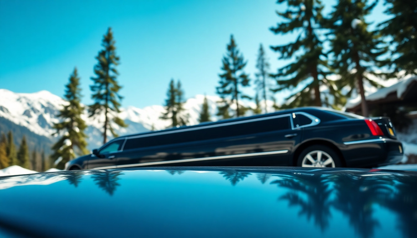 Experience a luxurious Whistler limo against a backdrop of stunning mountains and blue skies.