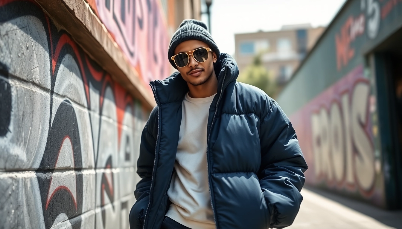 Model showcasing an Oversize Puffer Jacket against a vibrant urban backdrop.
