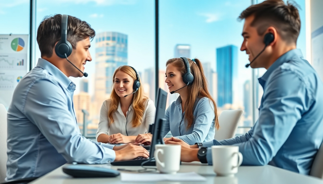 Enhance customer support with Outsource Call Center Services featuring professional agents at work.