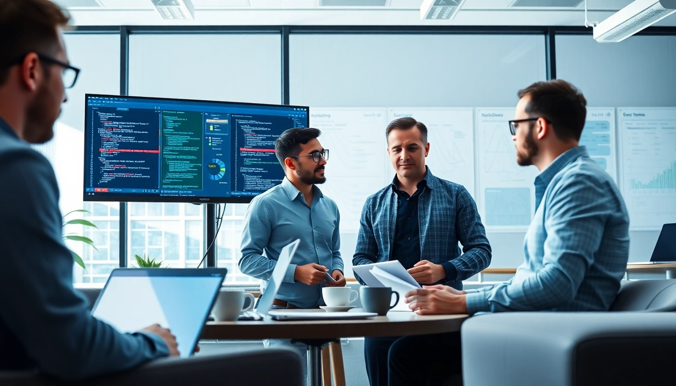 Site reliability engineering experts collaborating in a modern workspace with high-tech tools.