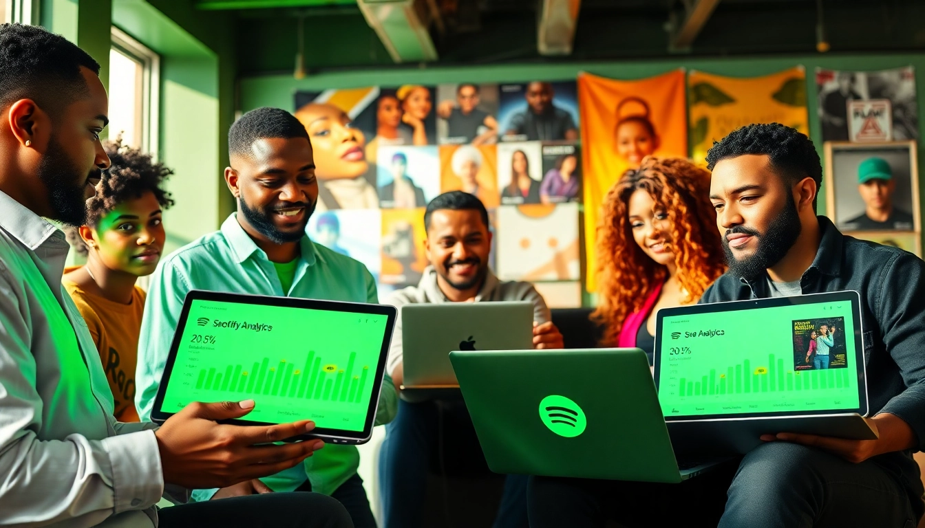 Engaging moment of spotify promotion with artists analyzing metrics in a vibrant setting.