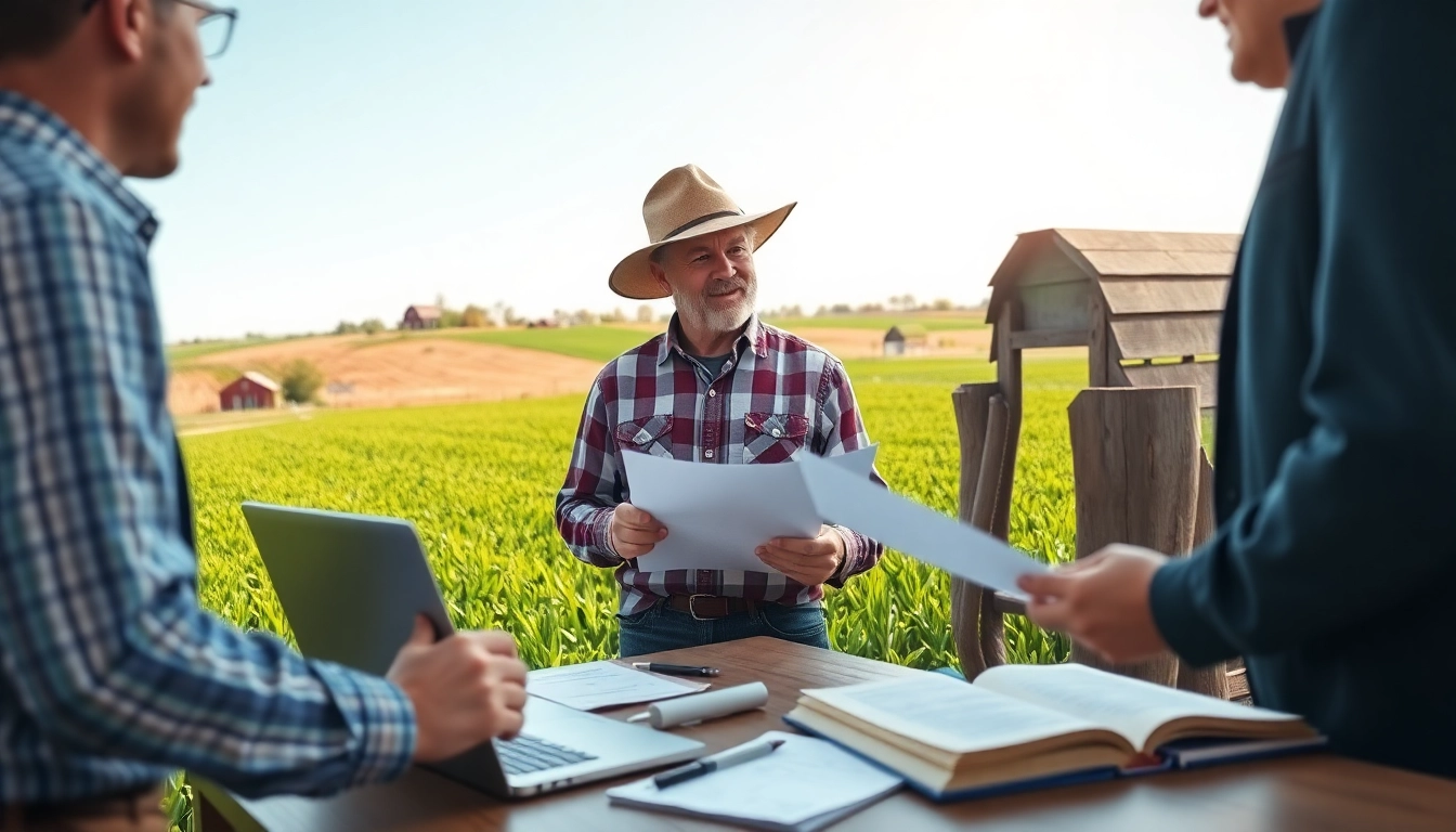 Agricultural law consultation between a lawyer and a farmer in a vibrant rural setting.