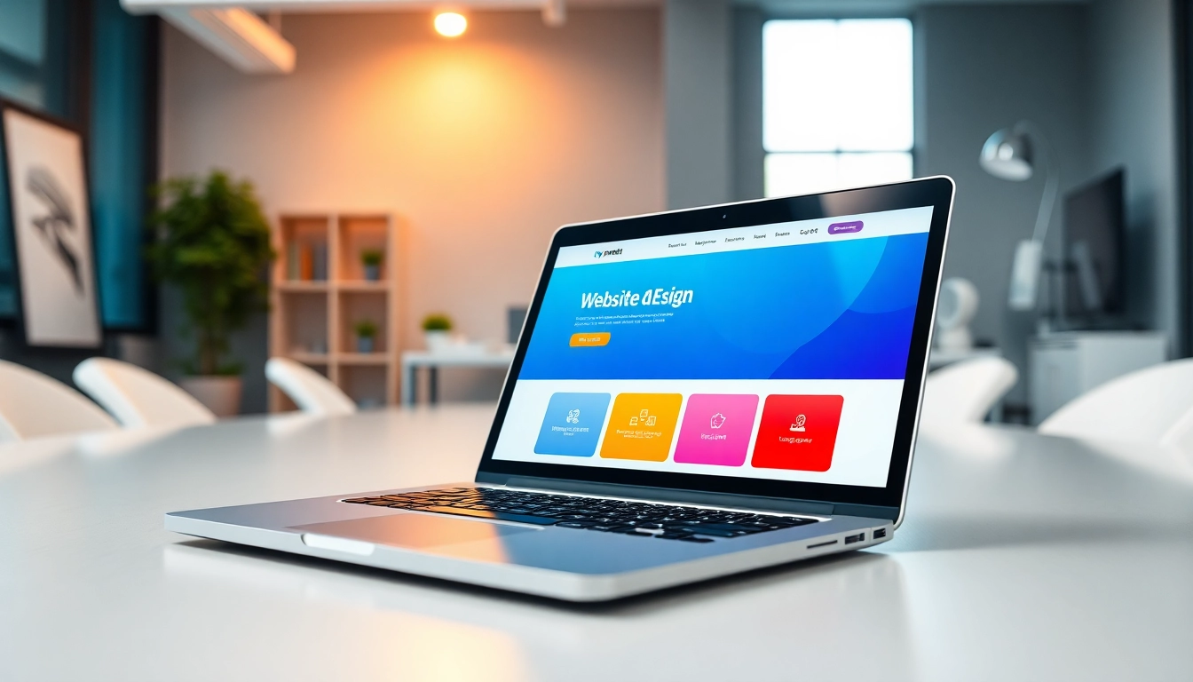 Create a stunning website design displayed on a modern laptop in a creative office.
