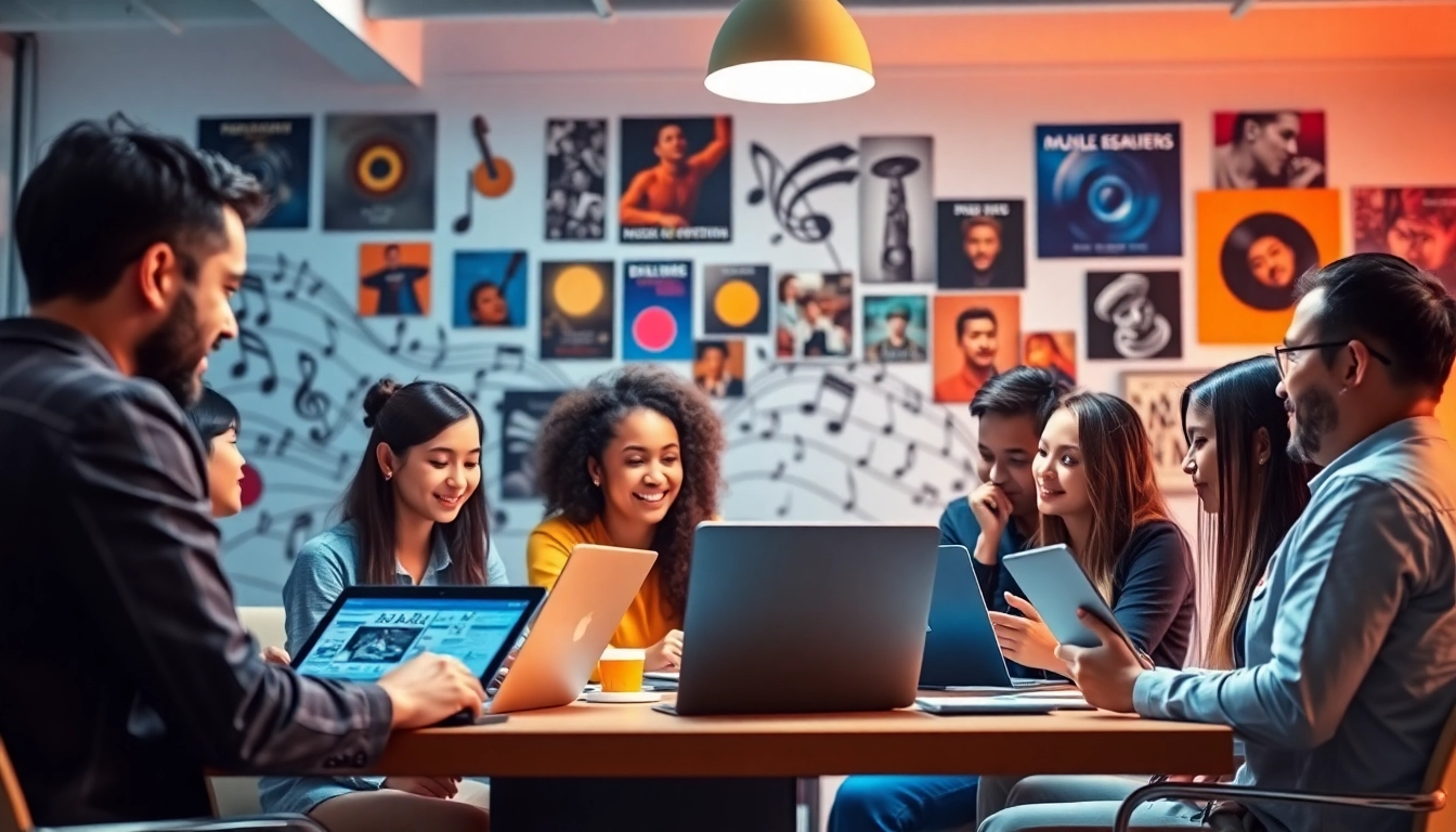 Engaging team working on music promotion services in a modern office environment.