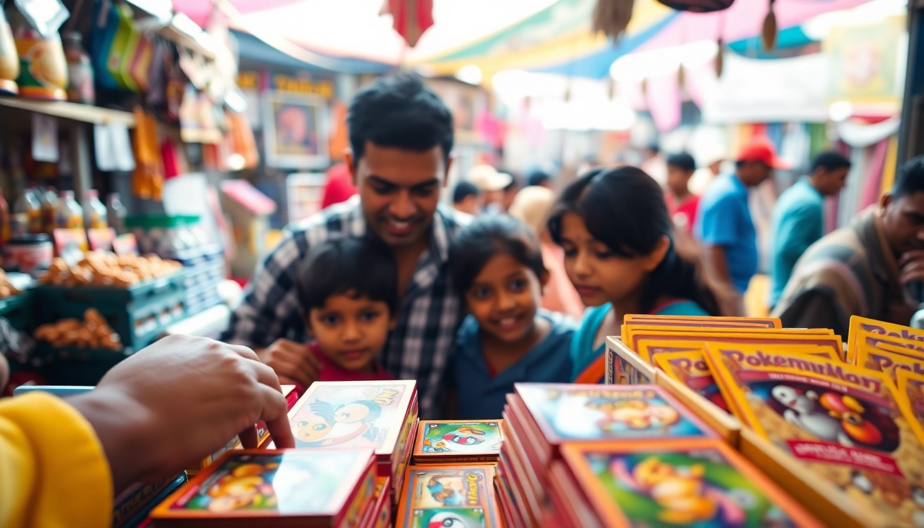 Explore a vibrant market for Pokemon cards in India with families selecting from colorful collectibles.