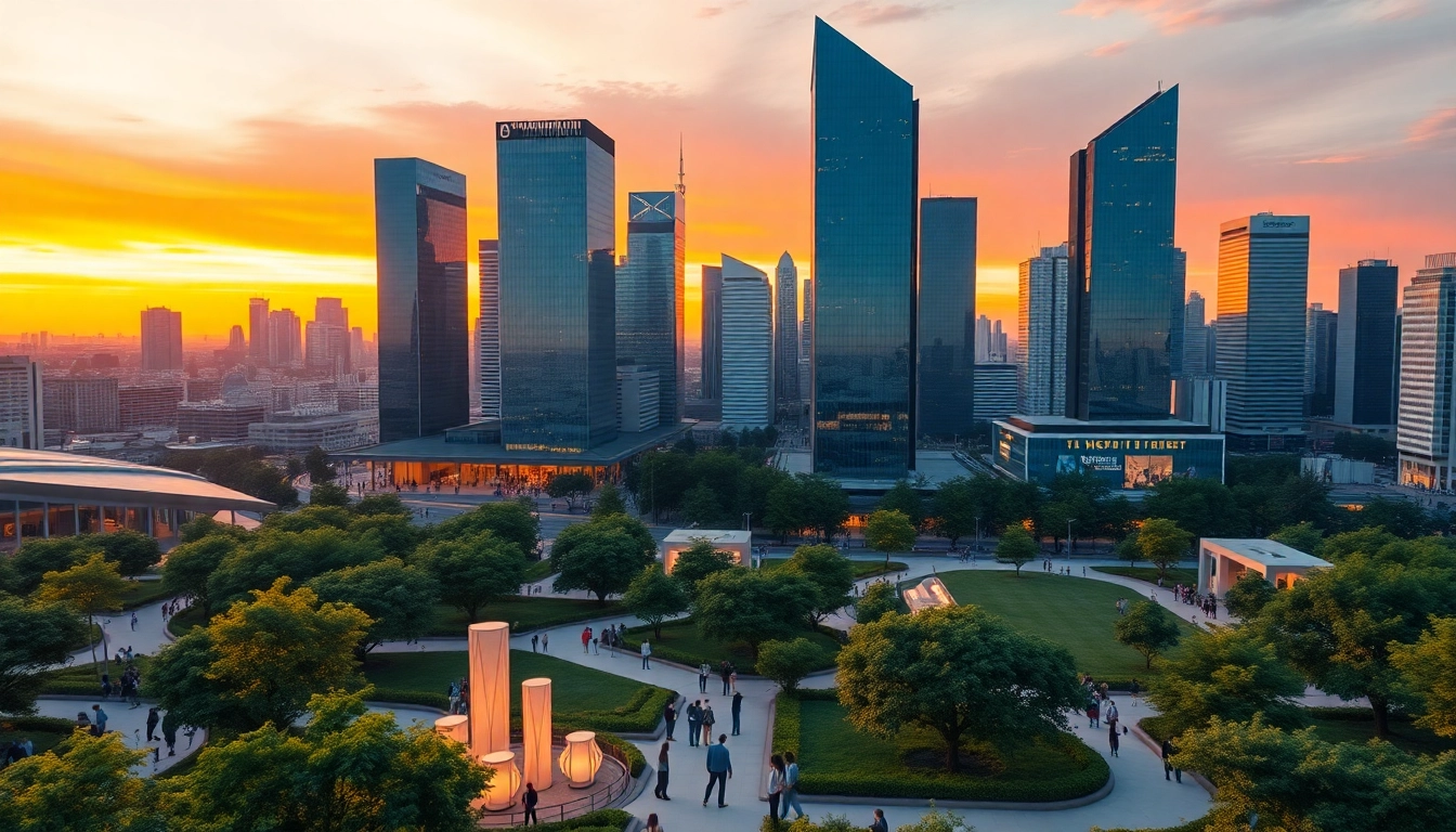 Architektur visualisierung in einer modernen Stadt mit lebendigem Sonnenuntergang und Grünflächen.