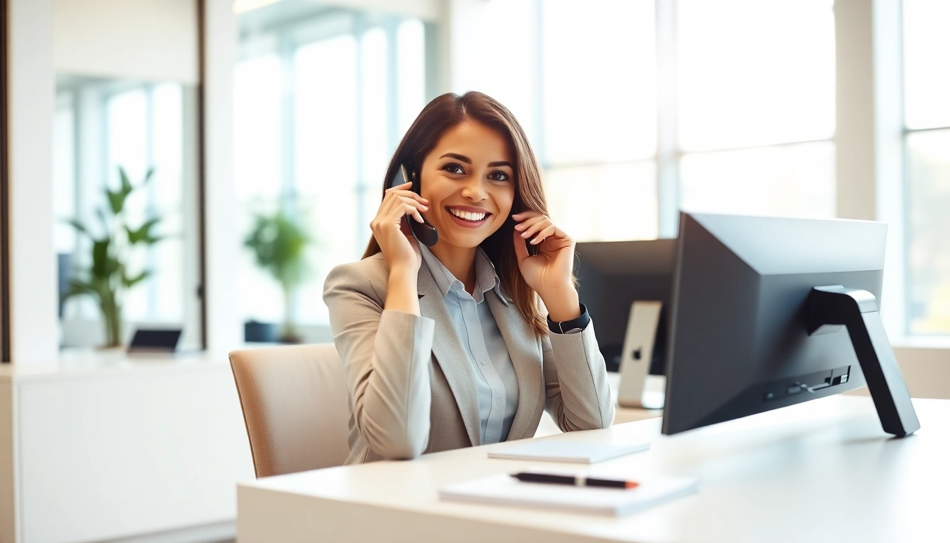 Receptionist demonstrating Phone Answering Calls in a bright office setting.