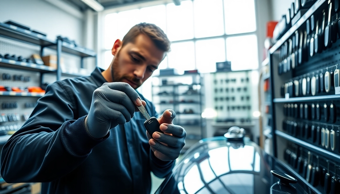 Crafting Replacement Car Keys with precision in a well-lit automotive workshop.