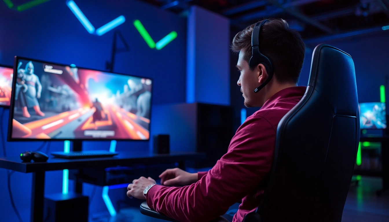 Permainan daring yang menampilkan gamer fokus di set gaming modern.