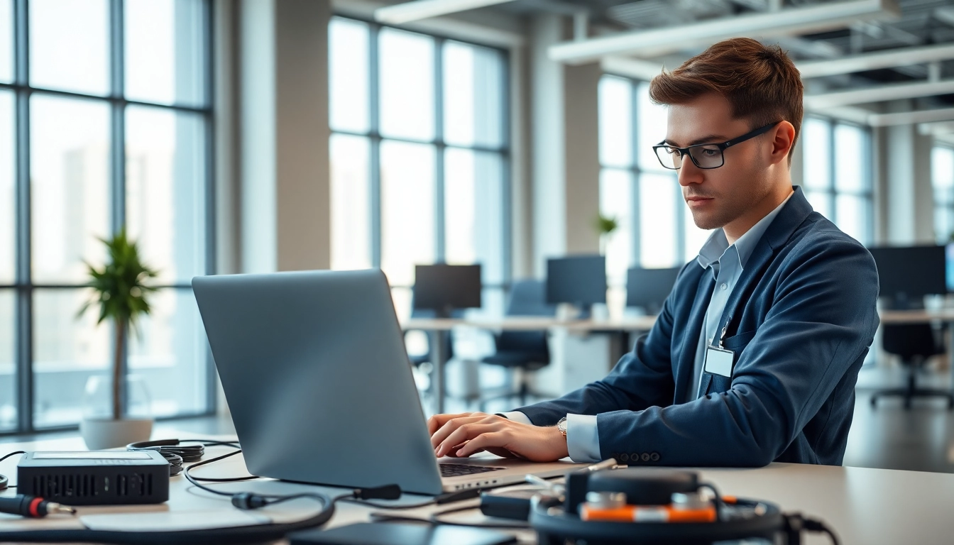 Expert computer service technician repairing a laptop in a professional office environment.