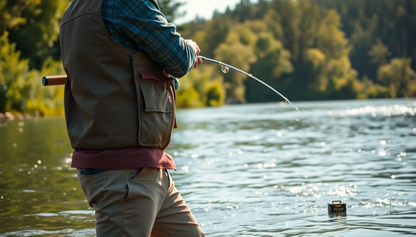 Outfit for fly fishing apparel, enthusiastic angler casting a line into serene waters.