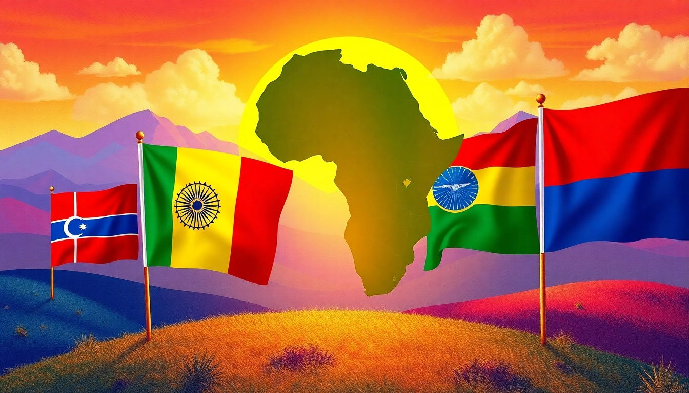 Analyse BRICS Afrique with flags symbolizing economic cooperation in a vibrant African landscape.