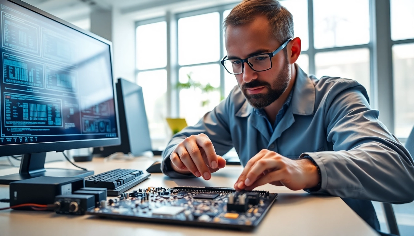 Technician analyzing dma firmware components with precision in a tech-focused workspace.